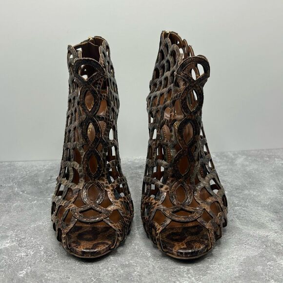 Sergio Rossi Womens Brown Animal Print Mermaid Pumps Size 38 Leather Peep Toe - Picture 5 of 13